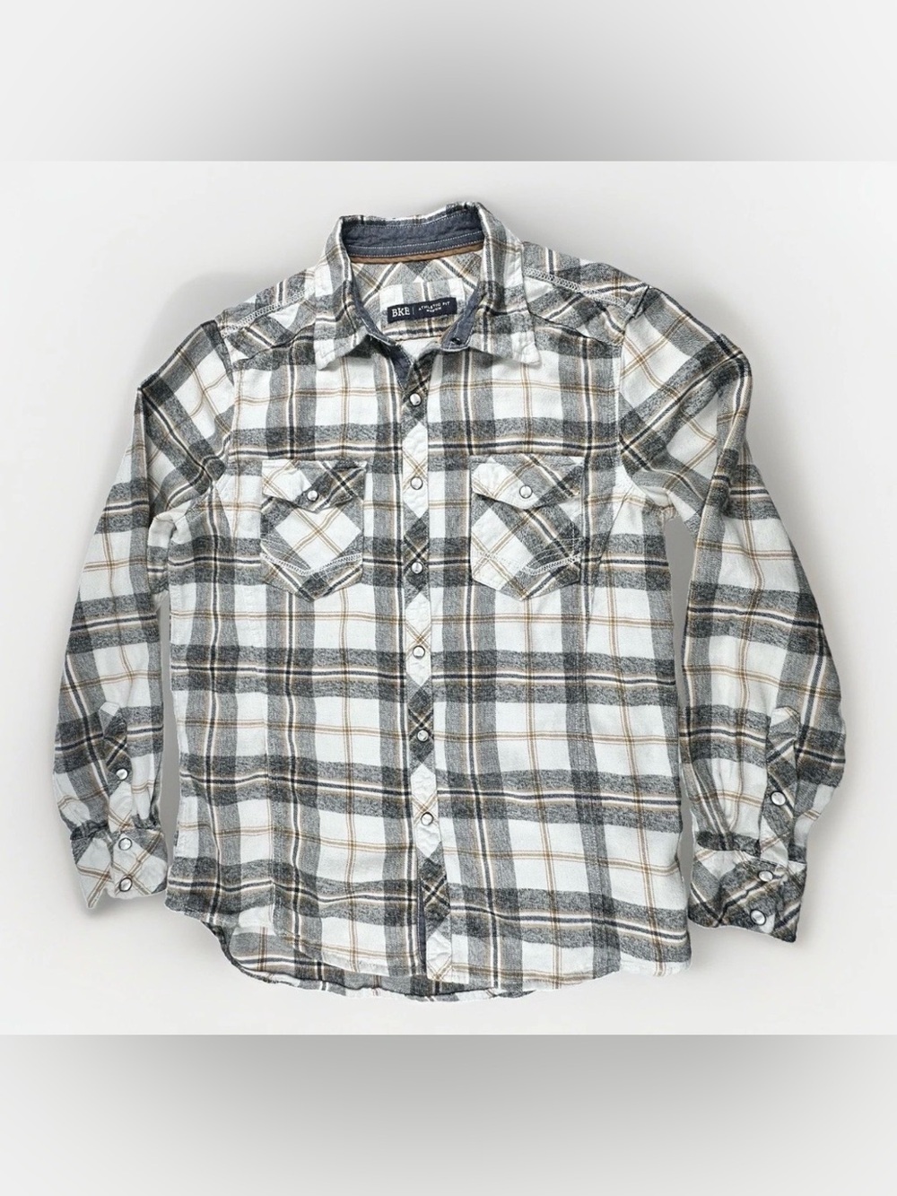 BKE Athletic Fit Flannel Shirt Mens Medium Gray White Plaid Pearl Snap Western